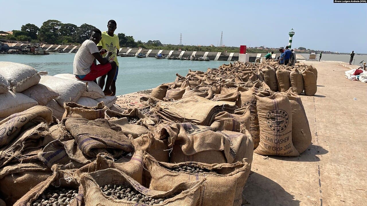 Sekker med cashewnøtter stablet i havna i Bissau