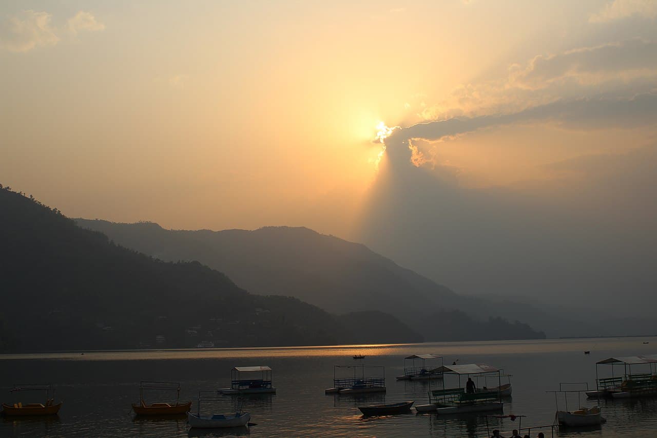 Robåter på den speilblanke Phewa-innsjøen ved Pokhara