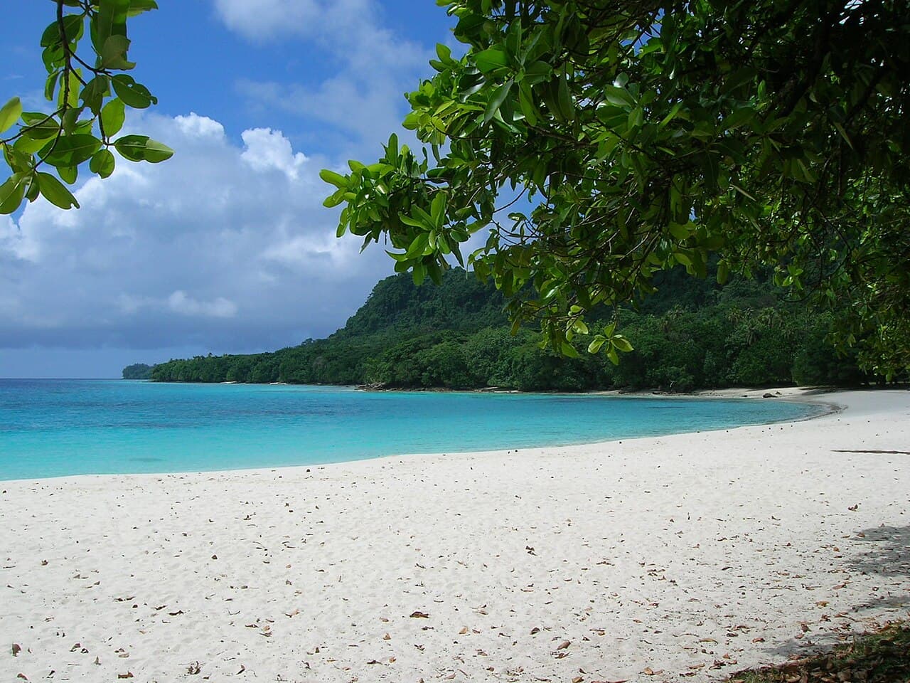 Den hvite sanden på Champagne Beach