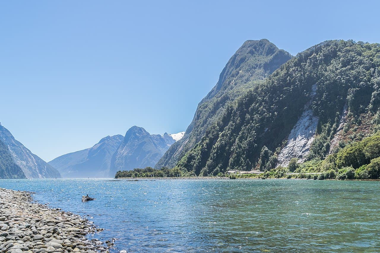 Fjorden Milford Sound med bratte fjell i Fiordland